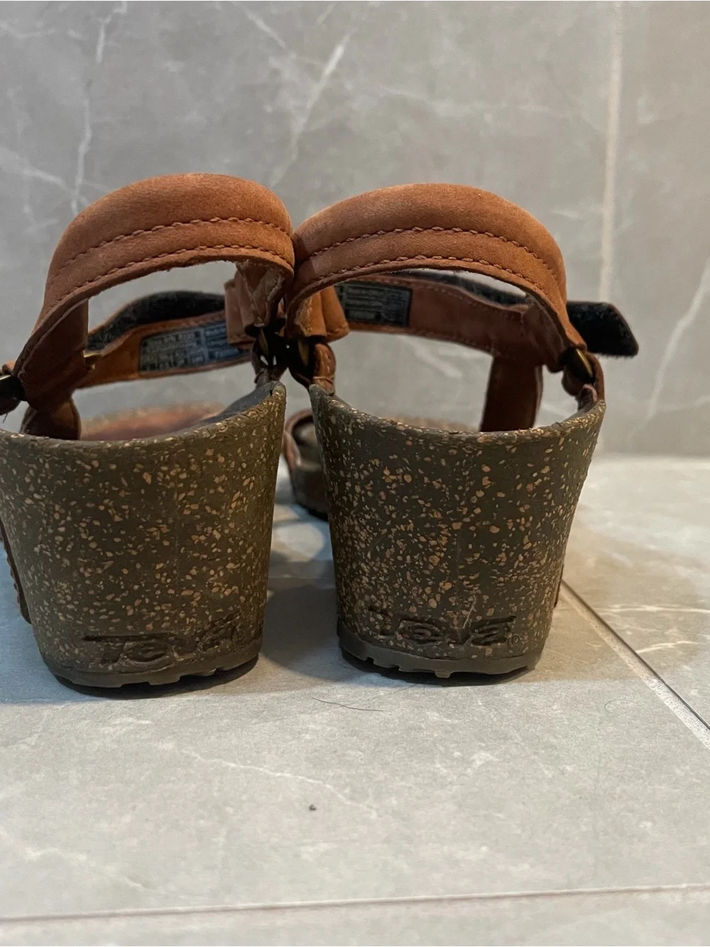 Teva Ysidro Wedge Sandals Women's 7 Brown Leather Strappy Cork Heel Adjustable